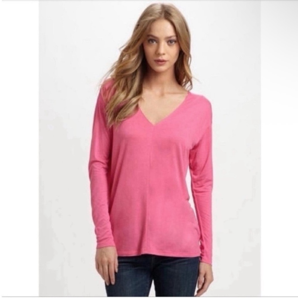 Vince t-shirt hot pink jersey long sleeve double v